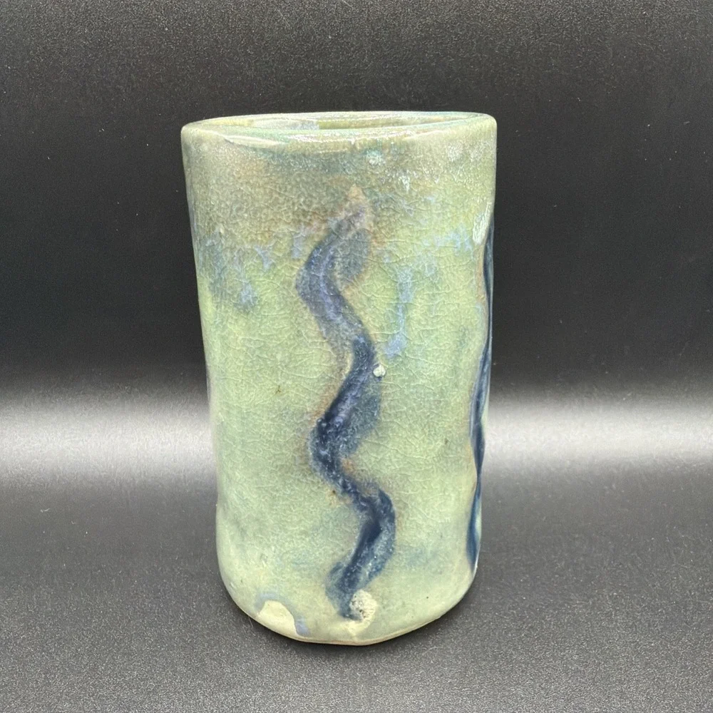 VTG Handmade Container Vase Pencil Toothbrush Holder Green Blue 5 In Tall